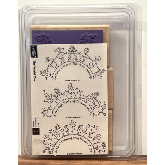 Stampin Up The World Over Rubber Stamp Set With Snowmen Children & Flowers - Picture 1 of 2